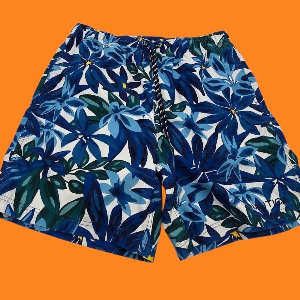 Men's Nautica MED Blue Hawaiian Floral Print Swim Trunks Drawstring Board Shorts